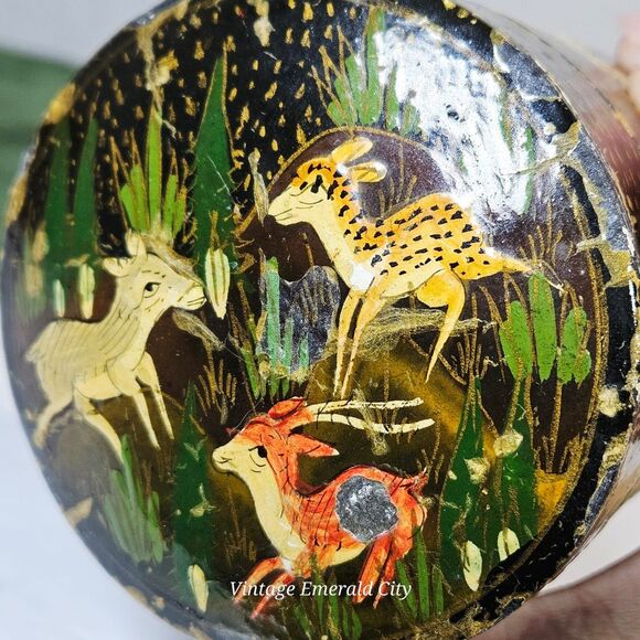 Kashmir India Forest Scene Hand Painted Lacquered Lidded Canister Leaping Deer - Picture 8 of 12